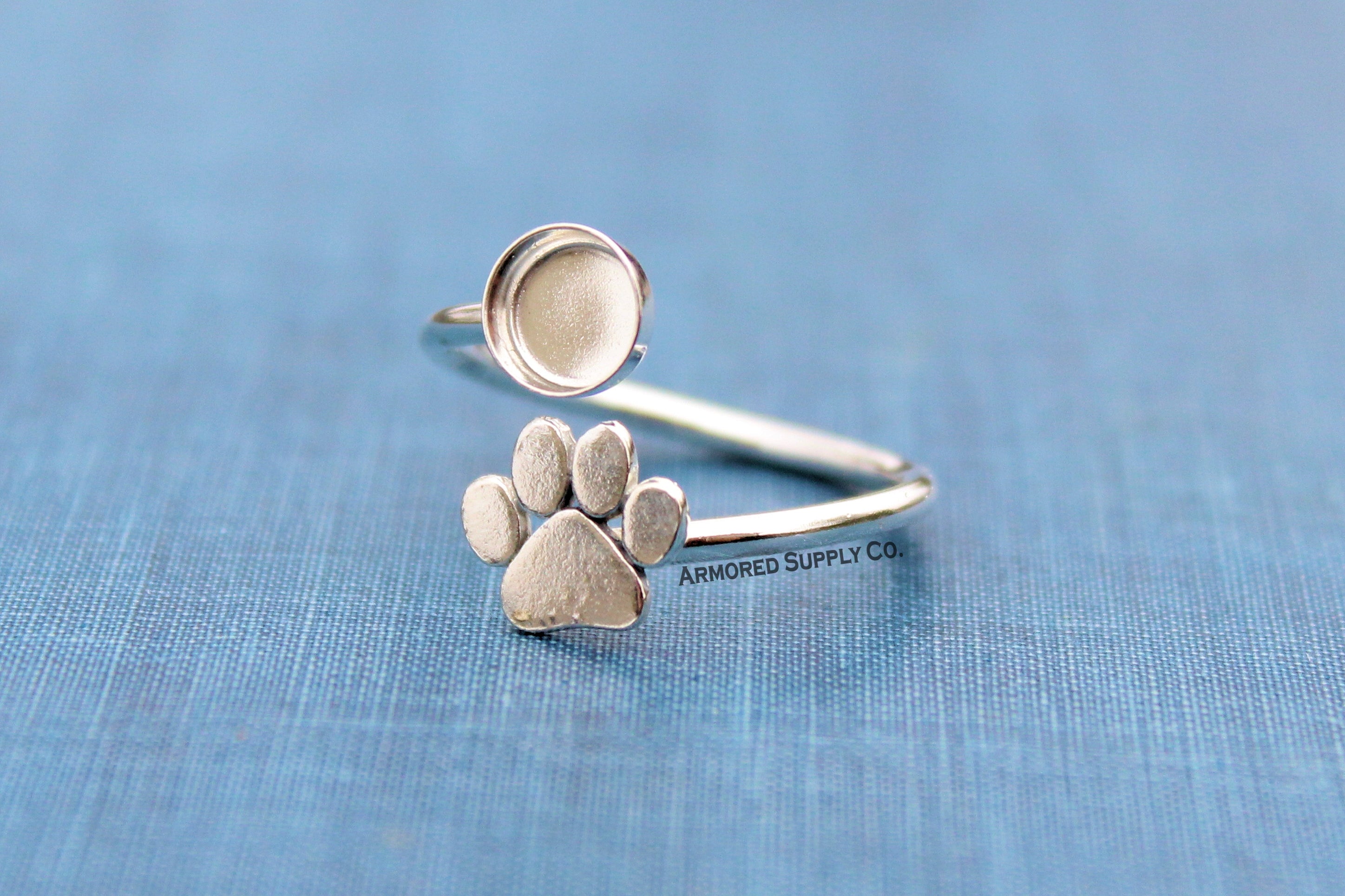 Pet Paw Print Plain Round Bezel Wrap Bypass Adjustable Ring blank