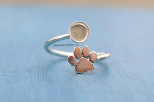Pet Paw Print Plain Round Bezel Wrap Bypass Adjustable Ring blank