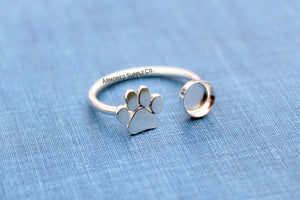 Pet Paw Print Plain Round Bezel Open Adjustable Ring blank