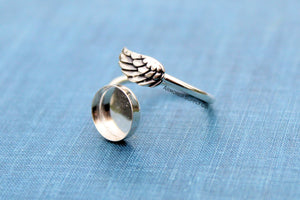 8mm Silver Angel Wing Wrap Bypass Adjustable Bezel Ring blank