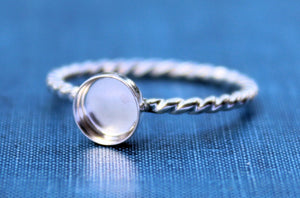 Silver 8mm Bezel Cup Rope Ring blank, Round Cabochon, Cab Resin Pad Breast Milk, DIY jewelry supplies, build your ring, wholesale jewelry