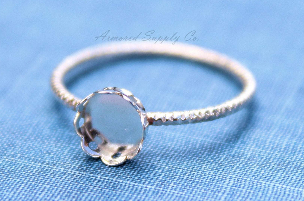 Silver 6mm Scalloped Bezel Cup Ring blank Faceted Band, Round Cabochon, DIY jewelry supplies, build your ring, wholesale jewelry, diy ring