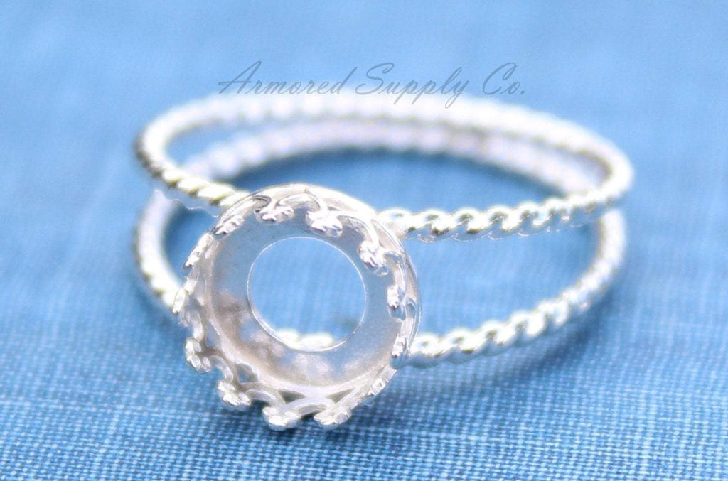 Sterling Silver Double Rope Band Crown Bezel Cup Ring blank, Round Cabochon, Resin Ring, DIY jewelry supplies, wholesale jewelry, diy ring