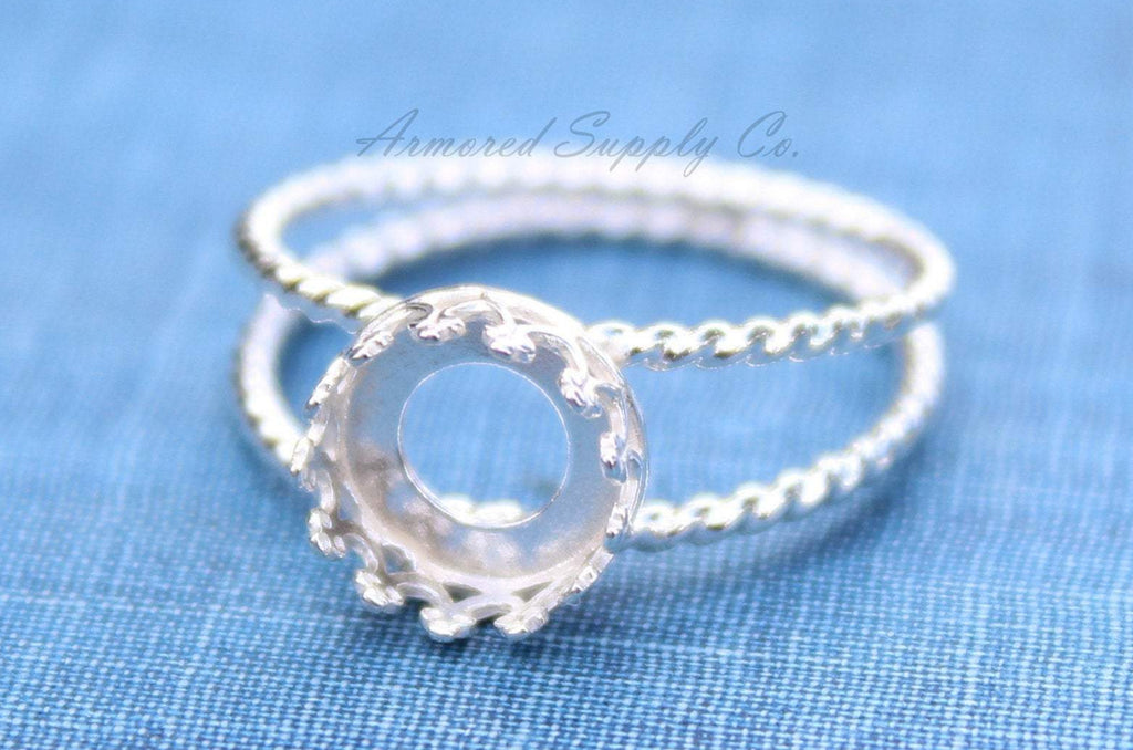 Sterling Silver Double Rope Band Crown Bezel Cup Ring blank, Round Cabochon, Resin Ring, DIY jewelry supplies, wholesale jewelry, diy ring
