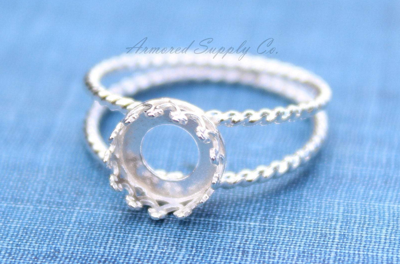 Sterling Silver Double Rope Band Crown Bezel Cup Ring blank, Round Cabochon, Resin Ring, DIY jewelry supplies, wholesale jewelry, diy ring