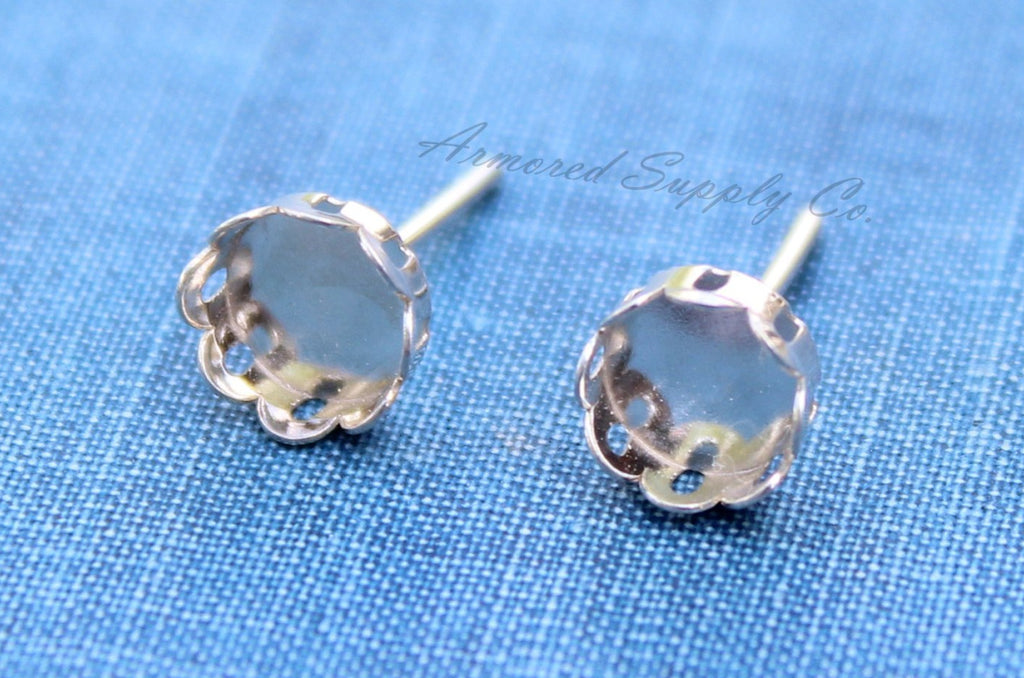 Silver Scalloped 6mm Stud Earring Blanks, Blank Stud Settings, Wholesale Blanks, Make Earrings, DIY Jewelry, Silver Blanks, Jewelry Supplies
