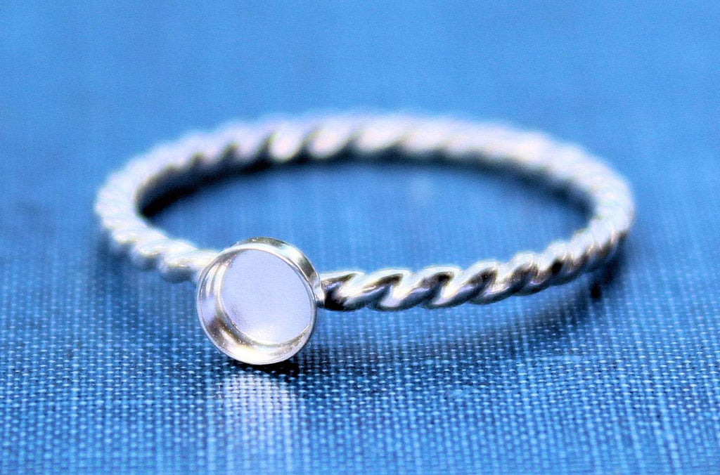 Silver 6mm Bezel Cup Rope Ring blank, Round Cabochon, Cab Resin Pad Breast Milk, DIY jewelry supplies, build your ring, wholesale jewelry