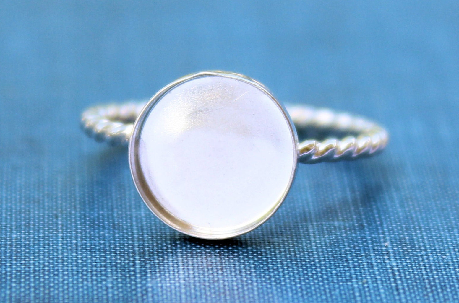 Silver 14mm Bezel Cup Rope Ring blank, Round Cabochon, Cab Resin Pad Breast Milk, DIY jewelry supplies, build your ring, wholesale jewelry