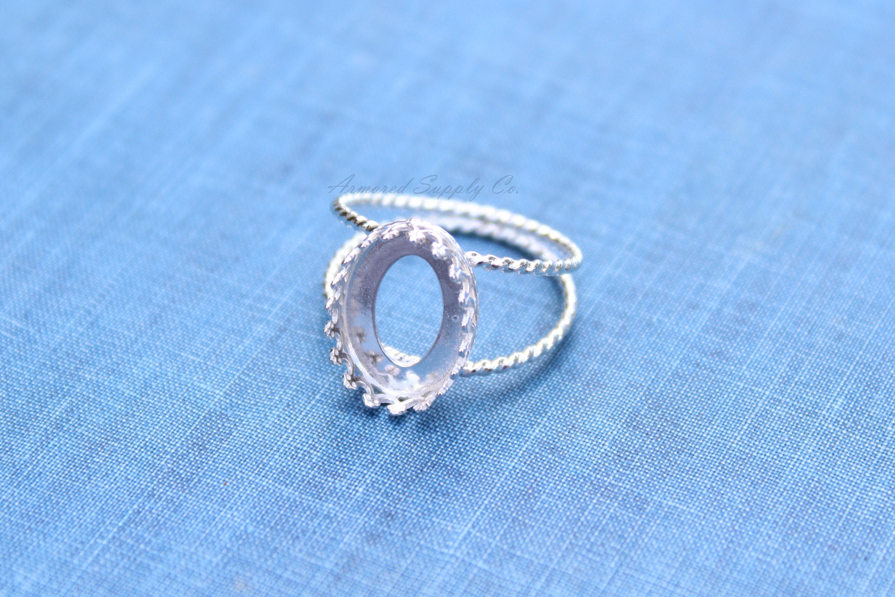 Silver Double Rope Band Oval Crown Bezel Cup Ring blank, Round Cabochon, Cab Resin Ring, DIY jewelry supplies, wholesale jewelry, diy ring