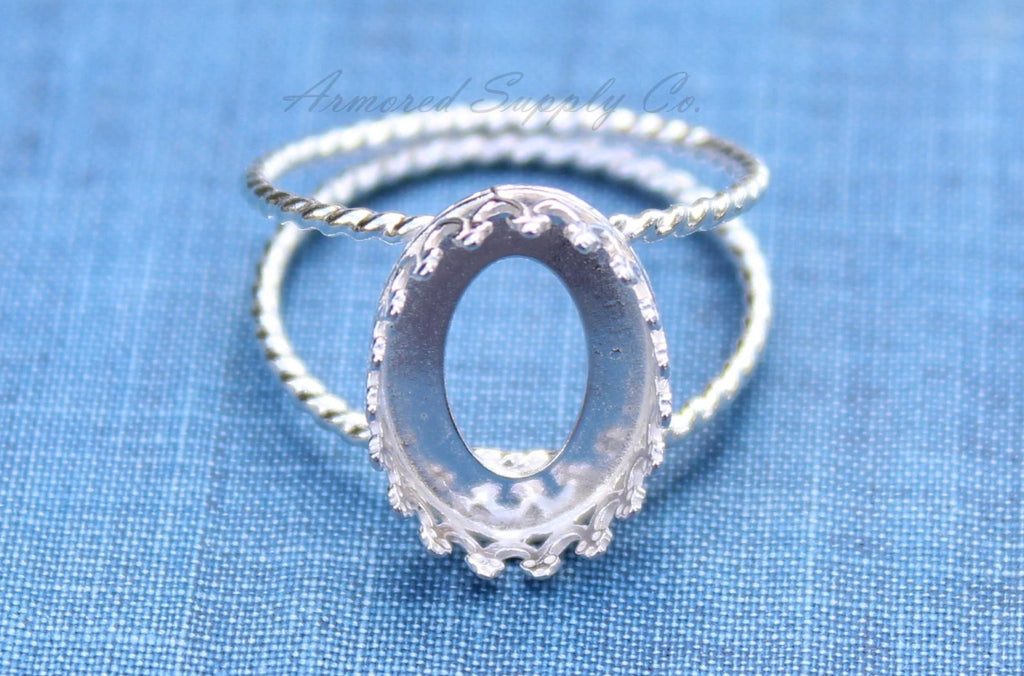 Silver Double Rope Band Oval Crown Bezel Cup Ring blank, Round Cabochon, Cab Resin Ring, DIY jewelry supplies, wholesale jewelry, diy ring