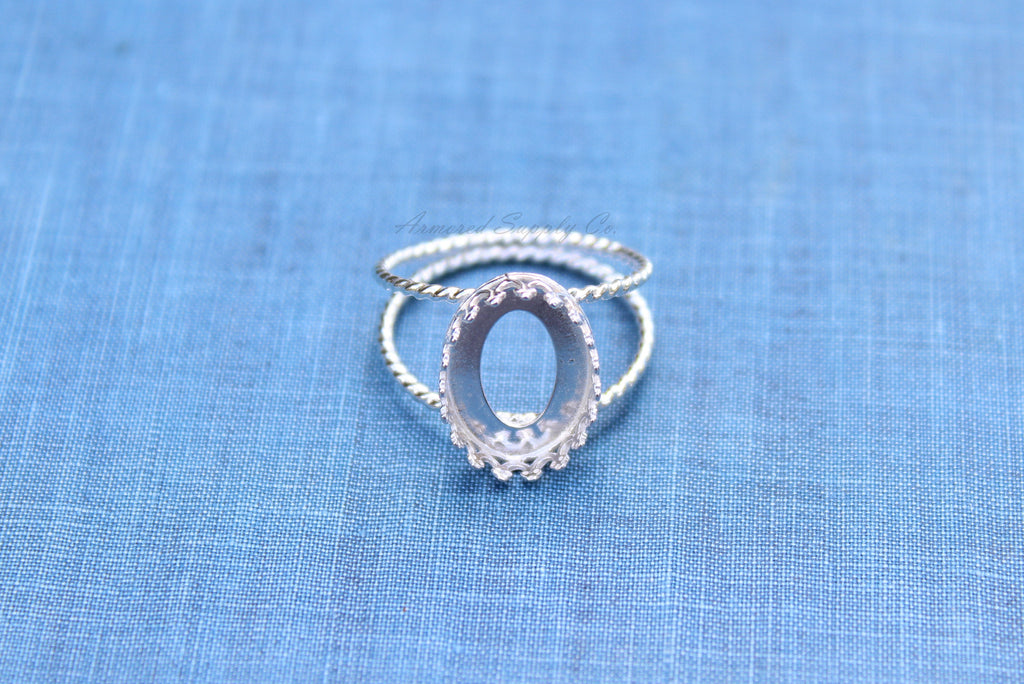 Silver Double Rope Band Oval Crown Bezel Cup Ring blank, Round Cabochon, Cab Resin Ring, DIY jewelry supplies, wholesale jewelry, diy ring