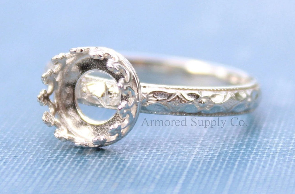 Floral #1 Crown Bezel Cup Ring blank, Round Cabochon, Cab Breast Milk, diy jewelry supplies, build your ring, wholesale jewelry, diy ring