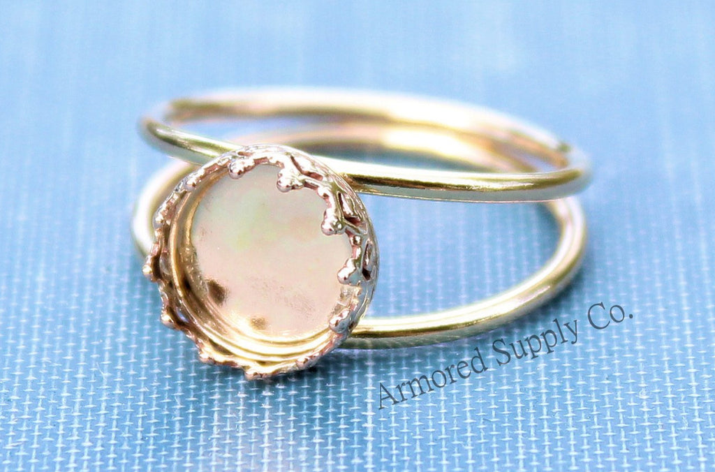 Gold Double Band 8mm Crown Bezel Ring blank, Gold Round Cabochon Setting, jewelry supplies, build your ring, wholesale jewelry, diy ring