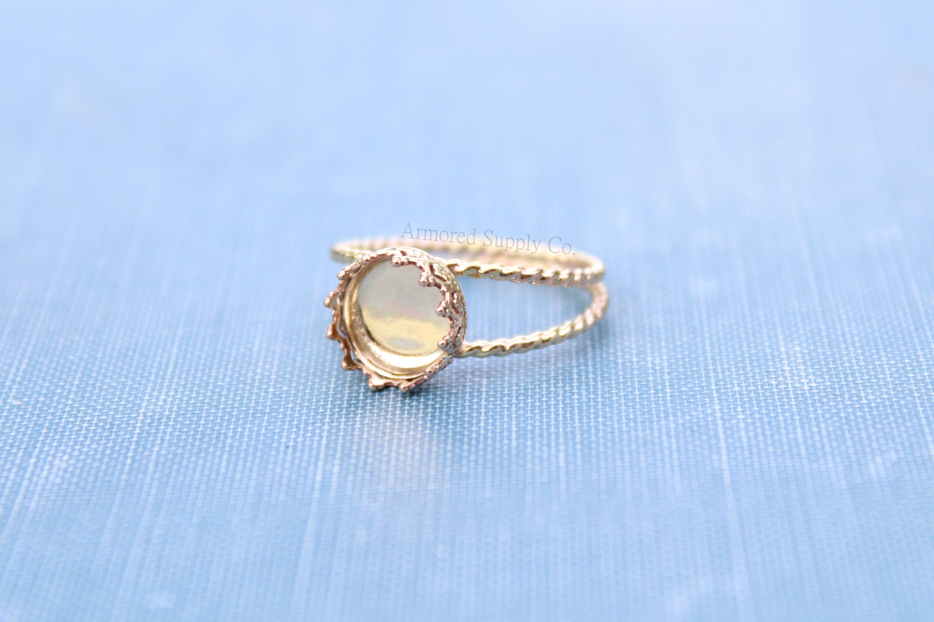 Gold Double Rope Band 8mm Crown Bezel Ring blank, Gold Round Cabochon Setting, jewelry supply, build your ring, wholesale jewelry, diy ring