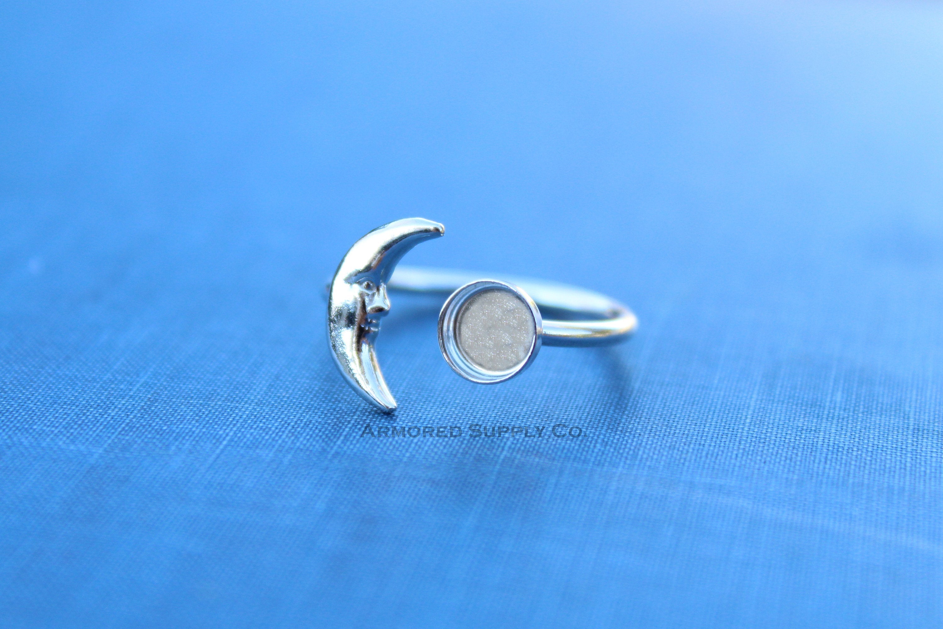 Silver Crescent Moon Open Adjustable Bezel Cup Ring blank, Round Cabochon, Breast Milk DIY jewelry supplies, build a ring, wholesale jewelry
