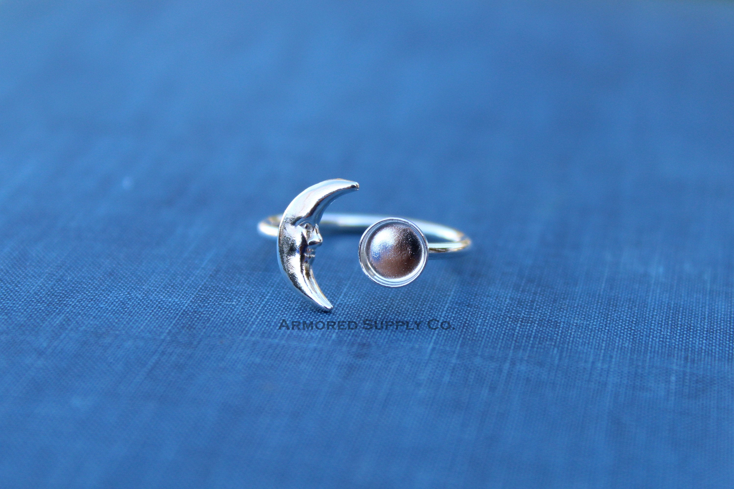 Silver Crescent Moon Open Adjustable Bezel Cup Ring blank, Round Cabochon, Breast Milk DIY jewelry supplies, build a ring, wholesale jewelry