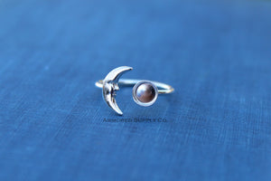 Silver Crescent Moon Open Adjustable Bezel Cup Ring blank, Round Cabochon, Breast Milk DIY jewelry supplies, build a ring, wholesale jewelry