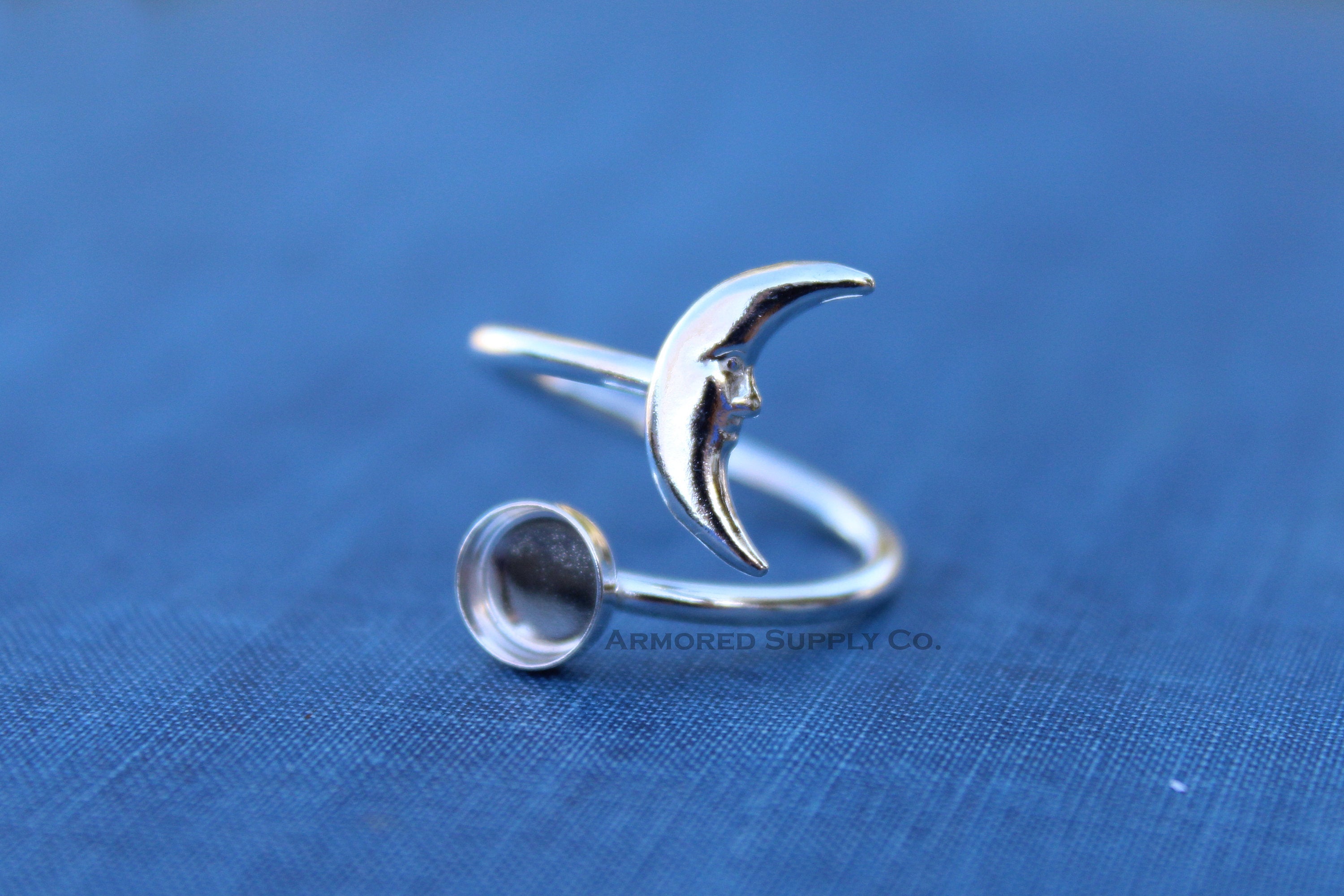 Silver Crescent Moon Wrap Adjustable Bezel Cup Ring blank, Round Cabochon, Breast Milk DIY jewelry supplies, build a ring, wholesale jewelry