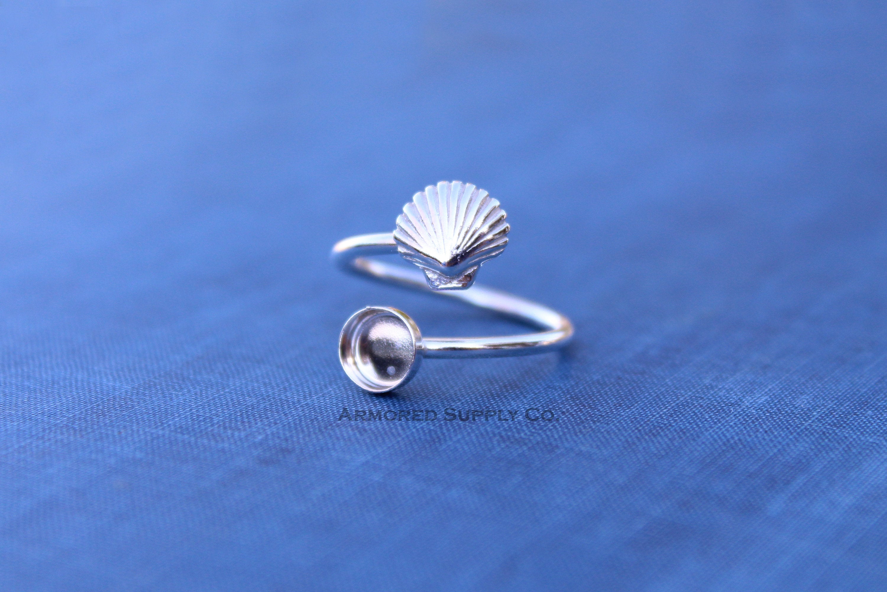 Silver Sea Shell Wrap Adjustable Bezel Cup Ring blank, Round Cabochon, Breast Milk DIY jewelry supplies, build a ring, wholesale jewelry