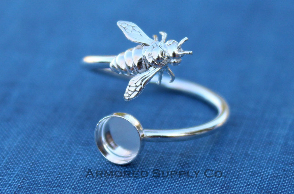 Silver Honey Bee Wrap Adjustable Bezel Cup Ring blank, Round Cabochon, Breast Milk DIY jewelry supplies, build a ring, wholesale jewelry