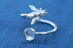 Silver Honey Bee Wrap Adjustable Bezel Cup Ring blank, Round Cabochon, Breast Milk DIY jewelry supplies, build a ring, wholesale jewelry