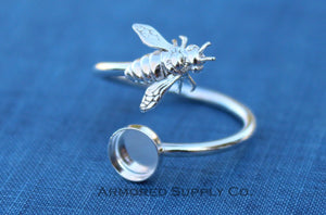 Silver Honey Bee Wrap Adjustable Bezel Cup Ring blank, Round Cabochon, Breast Milk DIY jewelry supplies, build a ring, wholesale jewelry