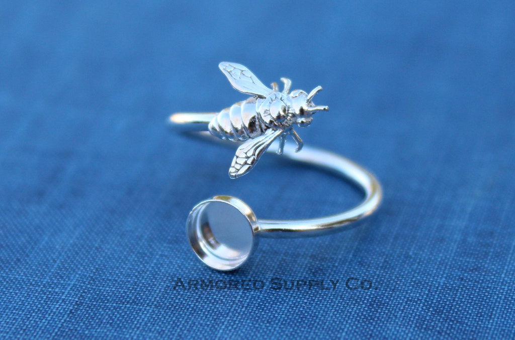 Silver Honey Bee Wrap Adjustable Bezel Cup Ring blank, Round Cabochon, Breast Milk DIY jewelry supplies, build a ring, wholesale jewelry