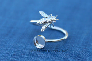 Silver Honey Bee Wrap Adjustable Bezel Cup Ring blank, Round Cabochon, Breast Milk DIY jewelry supplies, build a ring, wholesale jewelry