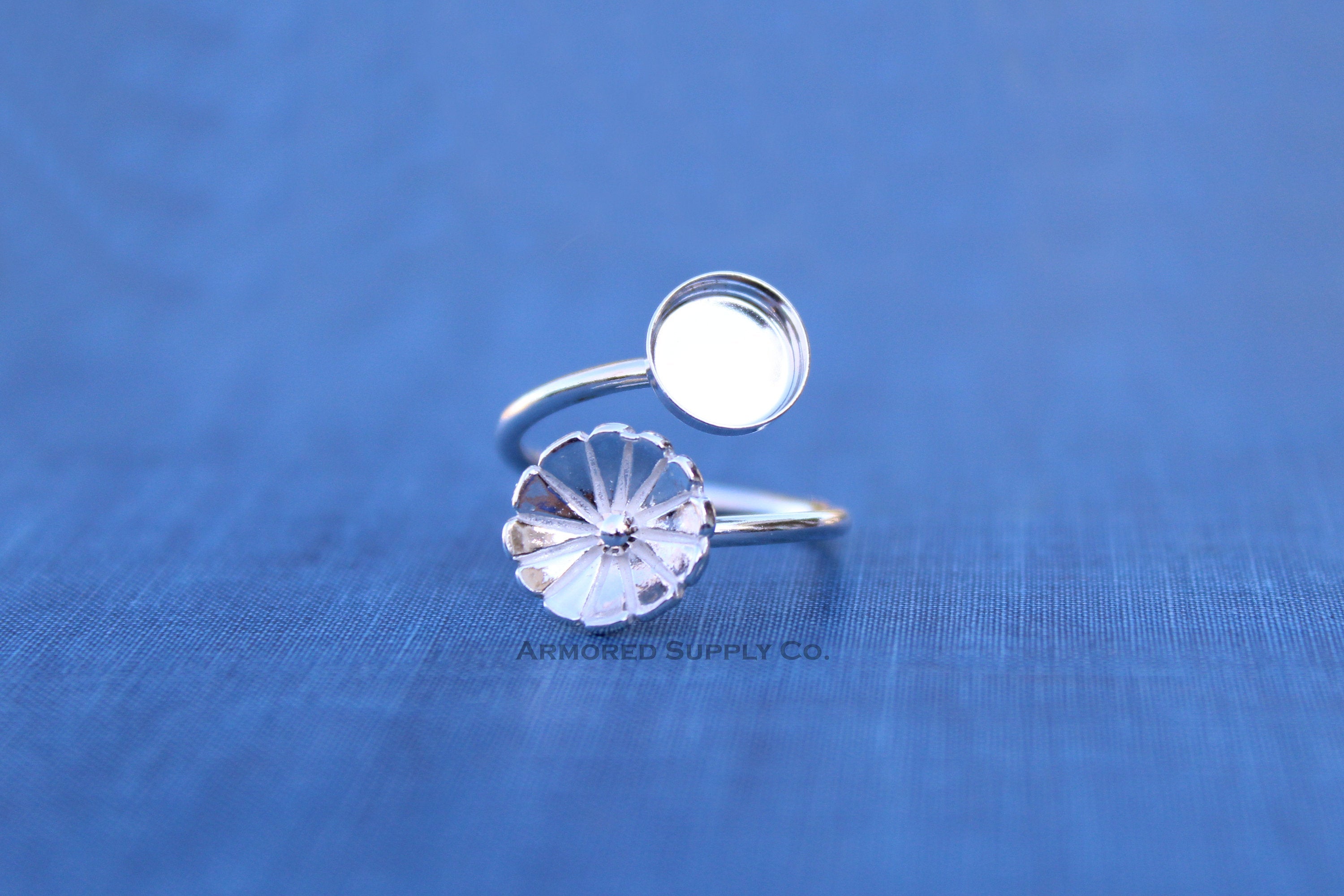 Silver Flower Wrap Adjustable Bezel Cup Ring blank, Round Cabochon, Breast Milk DIY jewelry supplies, build a ring, wholesale jewelry