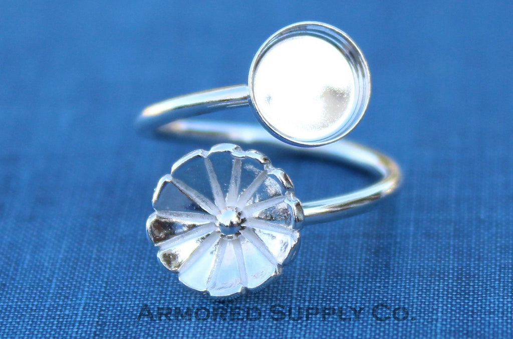 Silver Flower Wrap Adjustable Bezel Cup Ring blank, Round Cabochon, Breast Milk DIY jewelry supplies, build a ring, wholesale jewelry