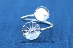 Silver Flower Wrap Adjustable Bezel Cup Ring blank, Round Cabochon, Breast Milk DIY jewelry supplies, build a ring, wholesale jewelry