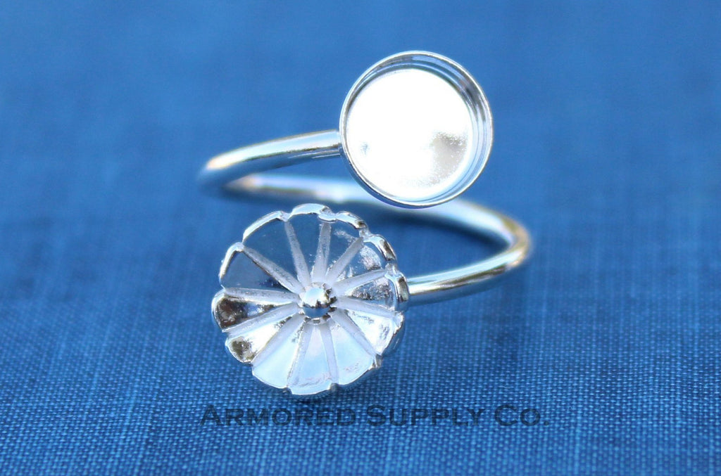Silver Flower Wrap Adjustable Bezel Cup Ring blank, Round Cabochon, Breast Milk DIY jewelry supplies, build a ring, wholesale jewelry