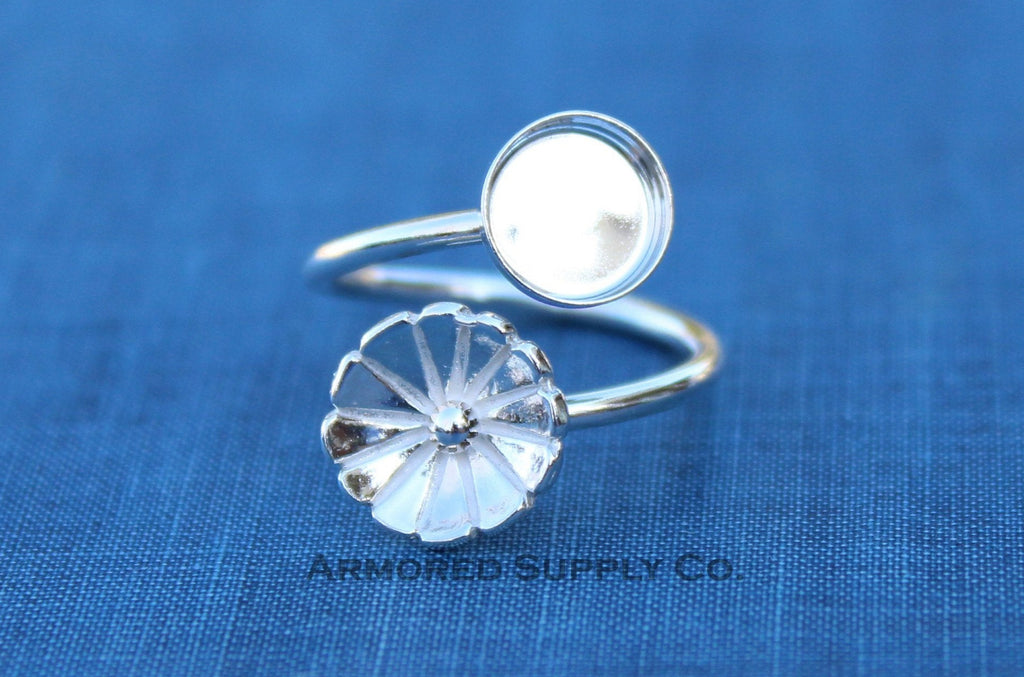 Silver Flower Wrap Adjustable Bezel Cup Ring blank, Round Cabochon, Breast Milk DIY jewelry supplies, build a ring, wholesale jewelry