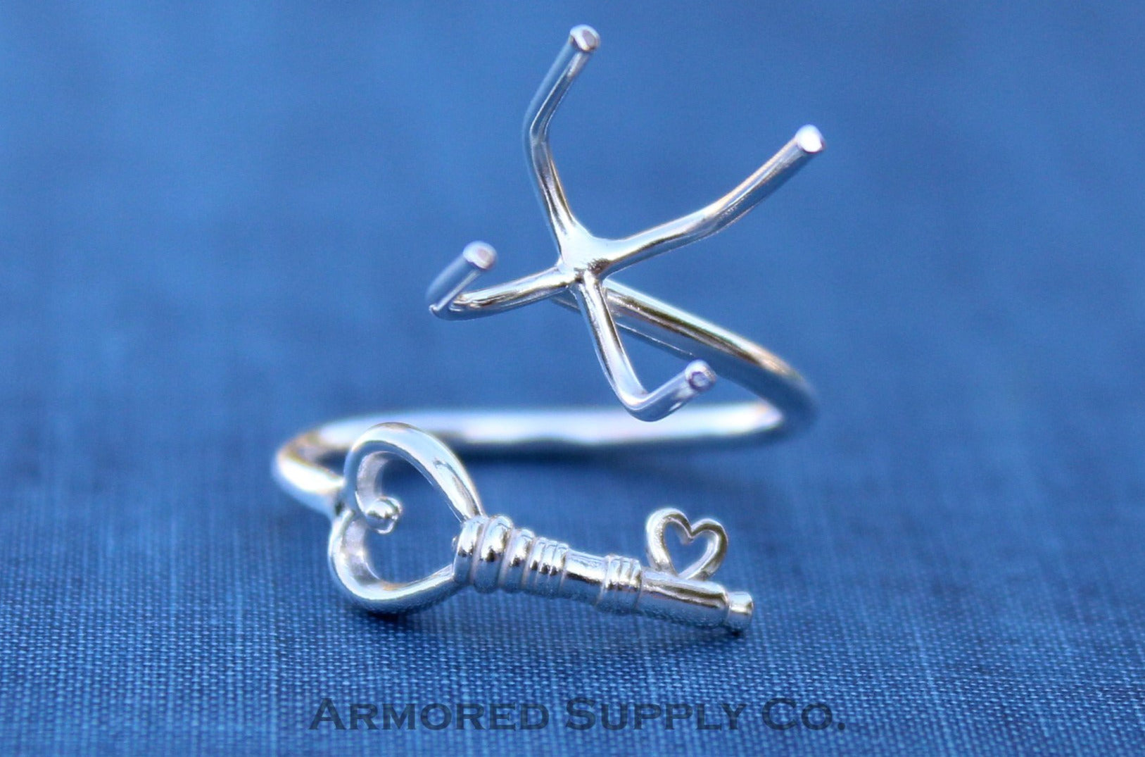 Silver Heart Key Adjustable Claw Prong Ring blank, Claw Ring Setting, Breast Milk DIY jewelry supplies, build a ring, wholesale jewelry