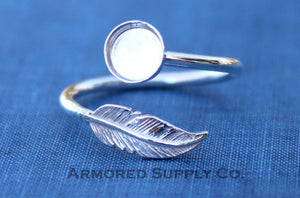 Silver Feather Adjustable Bezel Cup Ring blank, Round Cabochon, Breast Milk DIY jewelry supplies, build a ring, wholesale jewelry