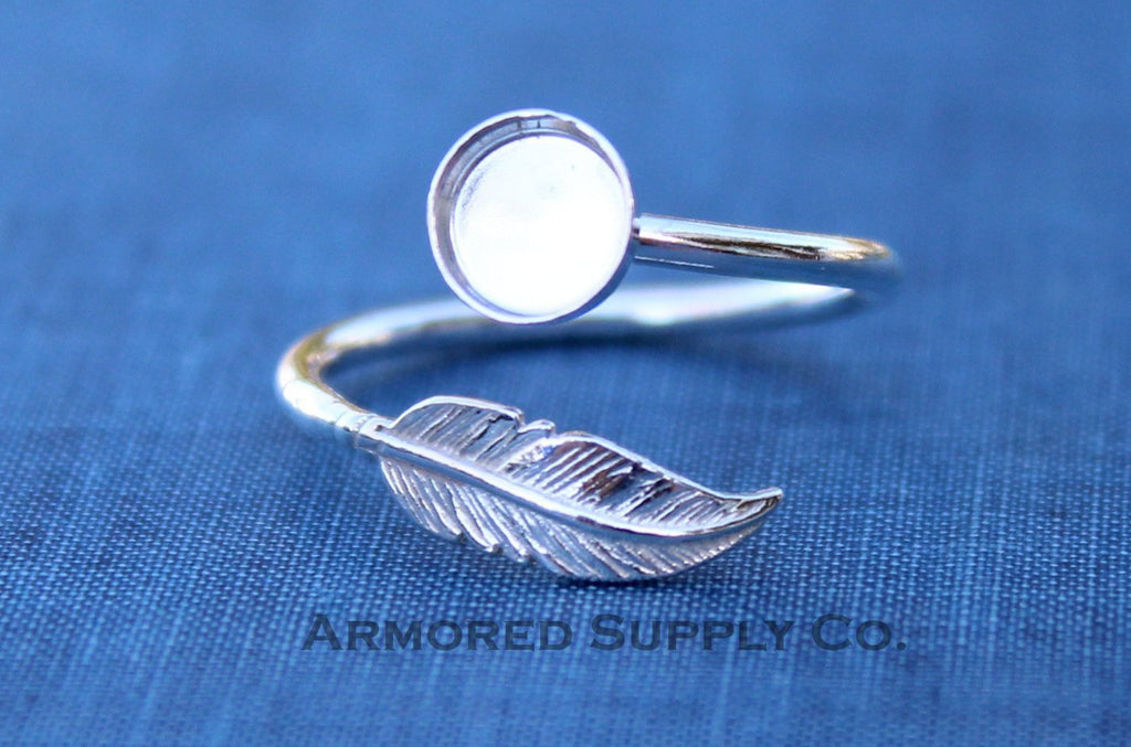 Silver Feather Adjustable Bezel Cup Ring blank, Round Cabochon, Breast Milk DIY jewelry supplies, build a ring, wholesale jewelry