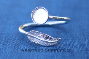 Silver Feather Adjustable Bezel Cup Ring blank, Round Cabochon, Breast Milk DIY jewelry supplies, build a ring, wholesale jewelry