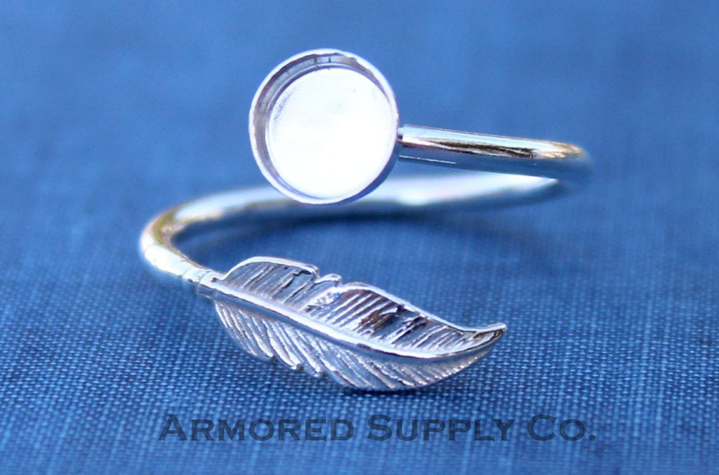 Silver Feather Adjustable Bezel Cup Ring blank, Round Cabochon, Breast Milk DIY jewelry supplies, build a ring, wholesale jewelry