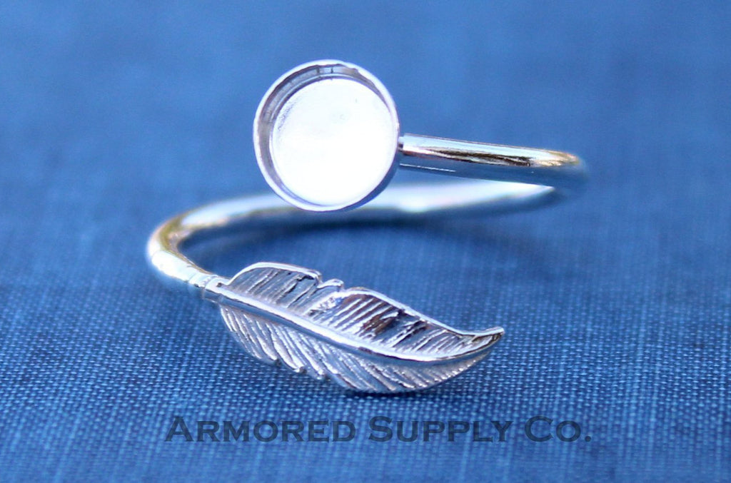 Silver Feather Adjustable Bezel Cup Ring blank, Round Cabochon, Breast Milk DIY jewelry supplies, build a ring, wholesale jewelry