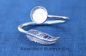 Silver Feather Adjustable Bezel Cup Ring blank, Round Cabochon, Breast Milk DIY jewelry supplies, build a ring, wholesale jewelry
