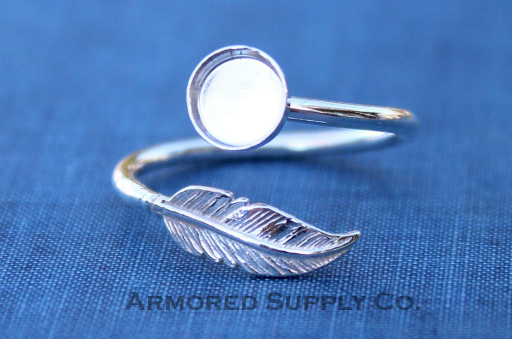 Silver Feather Adjustable Bezel Cup Ring blank, Round Cabochon, Breast Milk DIY jewelry supplies, build a ring, wholesale jewelry
