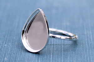 Silver Pear Shaped Bezel Cup Ring blank, Tear Drop Cabochon Bezel, Cab Pad Breast Milk, jewelry supplies, build your ring, wholesale jewelry