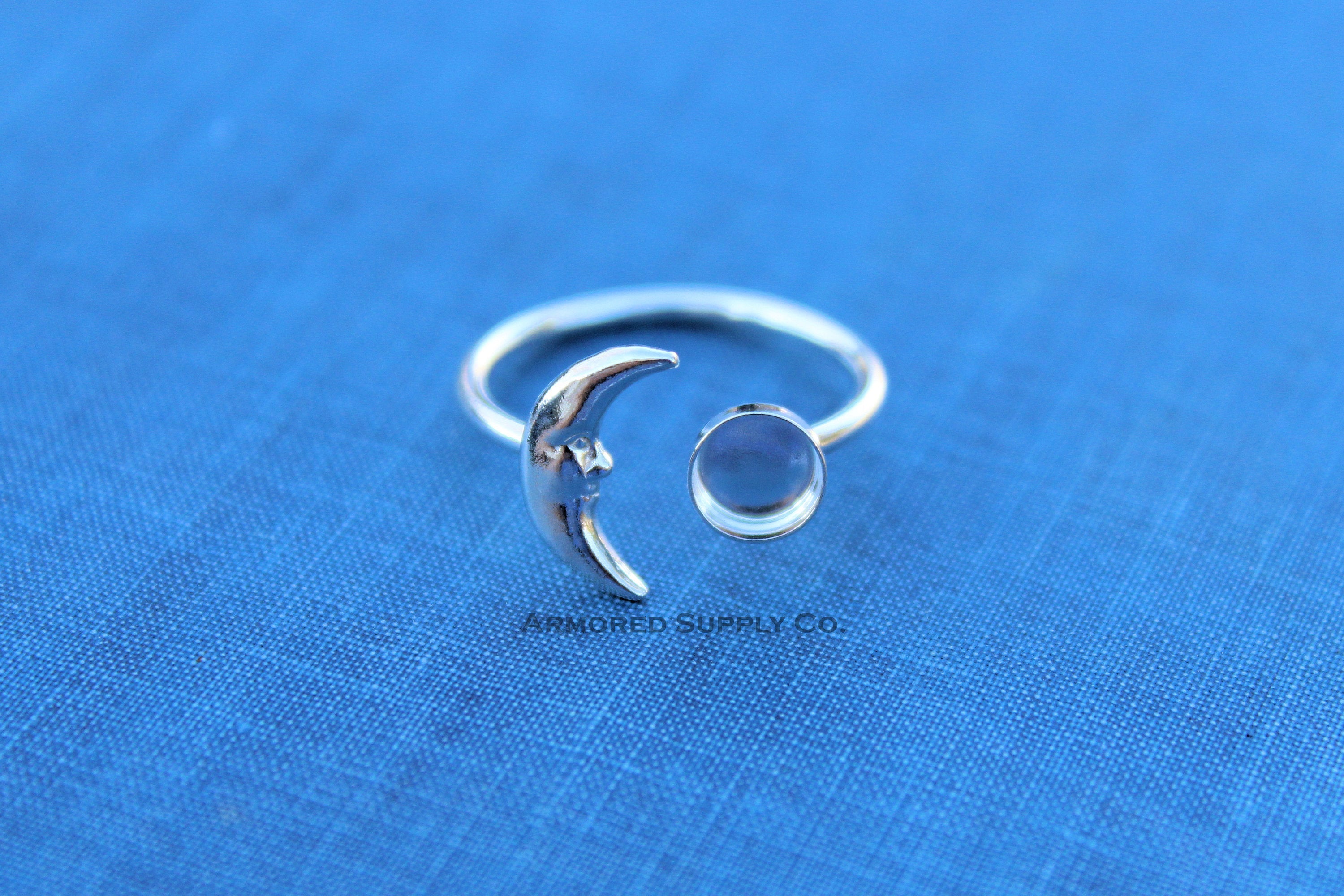 Silver Crescent Moon Open Adjustable Bezel Cup Ring blank, Round Cabochon, Breast Milk DIY jewelry supplies, build a ring, wholesale jewelry