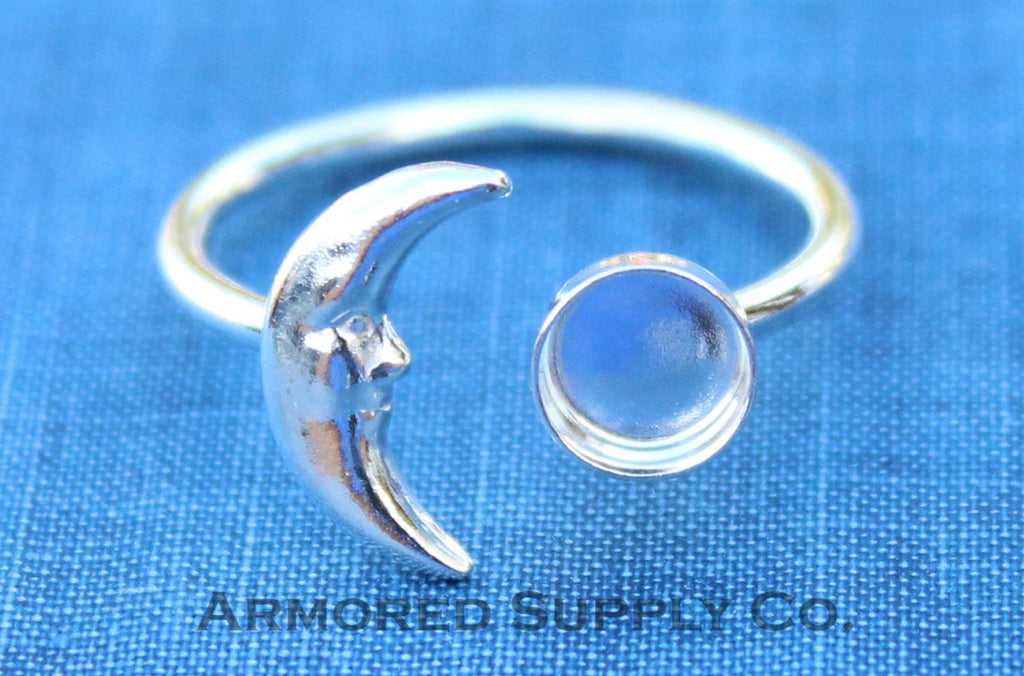Silver Crescent Moon Open Adjustable Bezel Cup Ring blank, Round Cabochon, Breast Milk DIY jewelry supplies, build a ring, wholesale jewelry