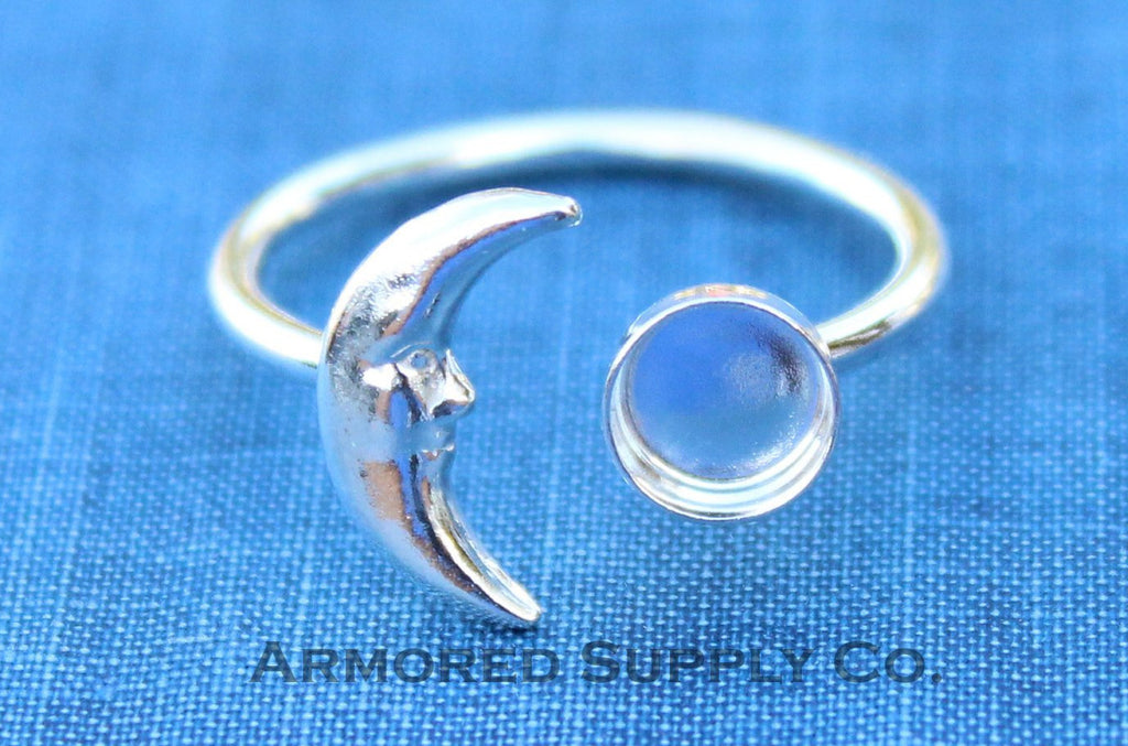 Silver Crescent Moon Open Adjustable Bezel Cup Ring blank, Round Cabochon, Breast Milk DIY jewelry supplies, build a ring, wholesale jewelry