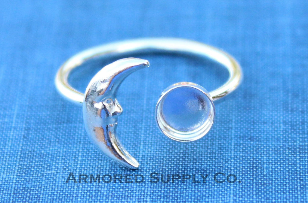 Silver Crescent Moon Open Adjustable Bezel Cup Ring blank, Round Cabochon, Breast Milk DIY jewelry supplies, build a ring, wholesale jewelry