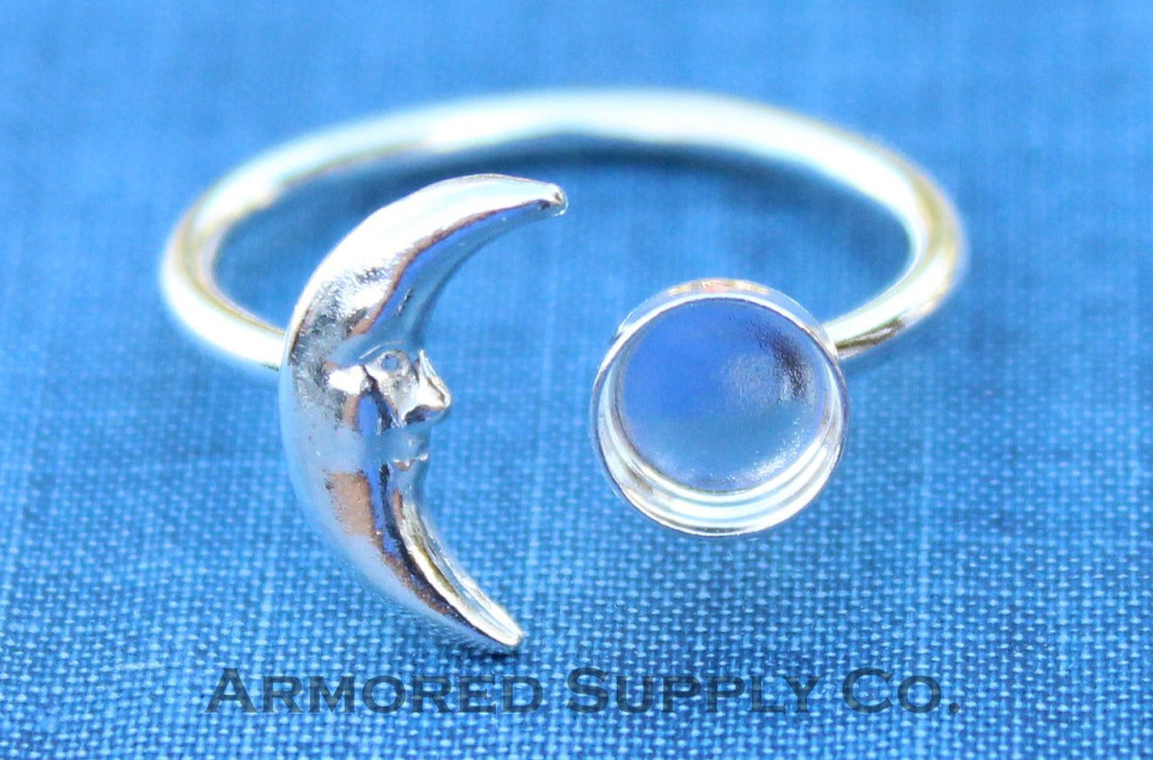 Silver Crescent Moon Open Adjustable Bezel Cup Ring blank, Round Cabochon, Breast Milk DIY jewelry supplies, build a ring, wholesale jewelry