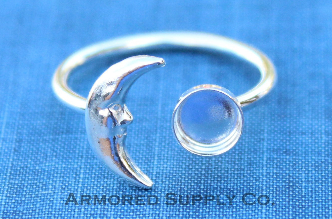 Silver Crescent Moon Open Adjustable Bezel Cup Ring blank, Round Cabochon, Breast Milk DIY jewelry supplies, build a ring, wholesale jewelry