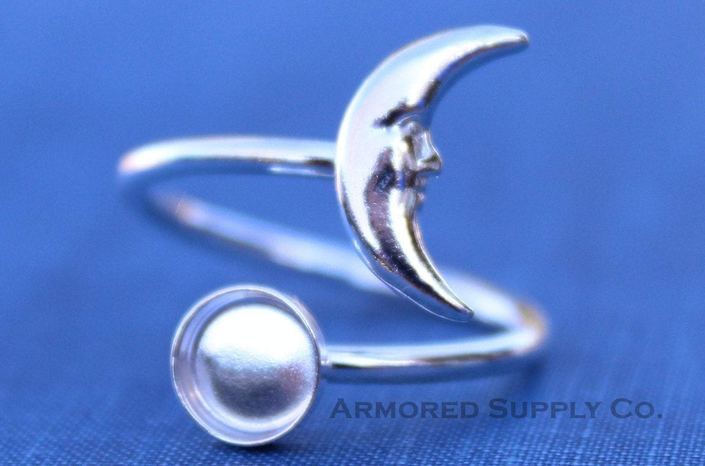 Silver Crescent Moon Wrap Adjustable Bezel Cup Ring blank, Round Cabochon, Breast Milk DIY jewelry supplies, build a ring, wholesale jewelry
