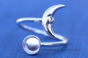 Silver Crescent Moon Wrap Adjustable Bezel Cup Ring blank, Round Cabochon, Breast Milk DIY jewelry supplies, build a ring, wholesale jewelry